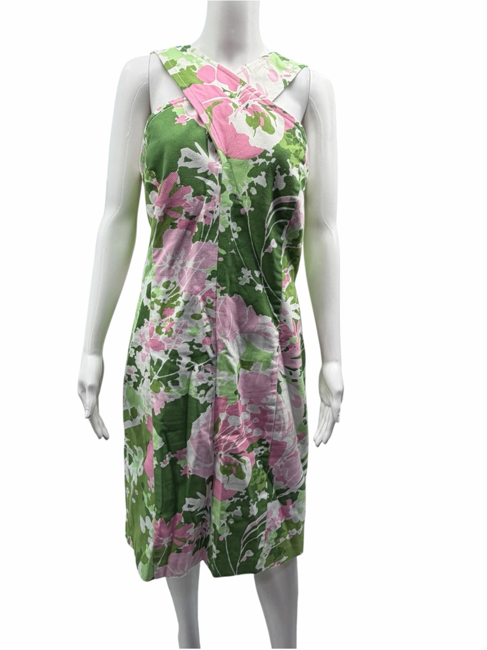 Talbots Pink Green Floral Criss Cross Halter Shift Dress Size 12